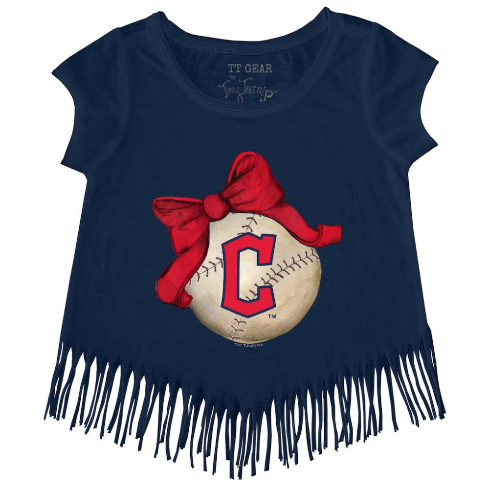 Cleveland Guardians Tiny Turnip Girls Youth Baseball Bow Fringe T-Shirt - Navy