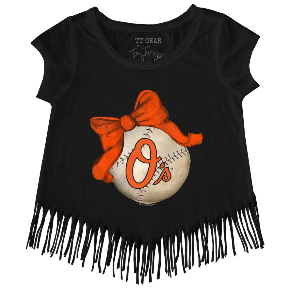 Baltimore Orioles Tiny Turnip Girls Youth Baseball Bow Fringe T-Shirt - Black