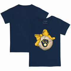 Milwaukee Brewers Tiny Turnip Youth Baseball Bow T-Shirt - Navy