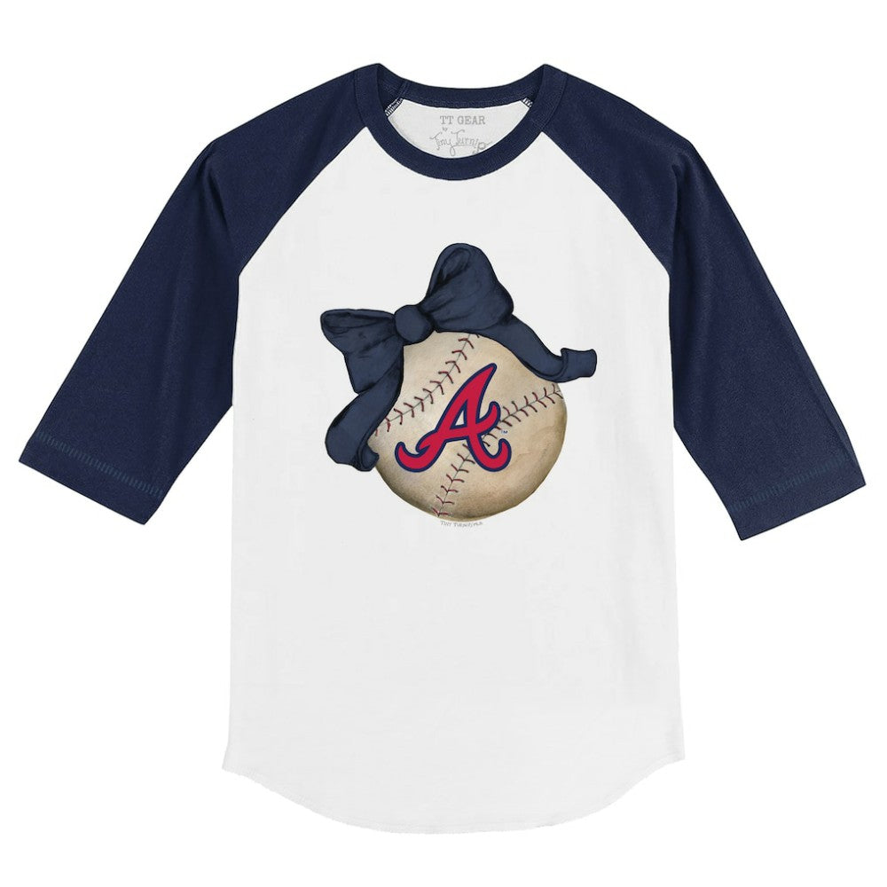 Atlanta Braves Tiny Turnip Youth Baseball Bow 3/4-Sleeve Raglan T-Shirt - White/Navy