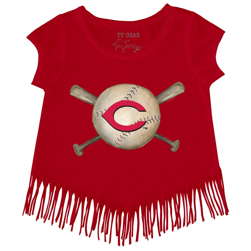 Cincinnati Reds Tiny Turnip Girls Youth Baseball Cross Bats Fringe T-Shirt - Red