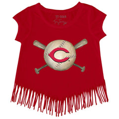 Cincinnati Reds Tiny Turnip Girls Youth Baseball Cross Bats Fringe T-Shirt - Red
