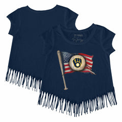 Milwaukee Brewers Tiny Turnip Girls Youth Baseball Flag Fringe T-Shirt - Navy