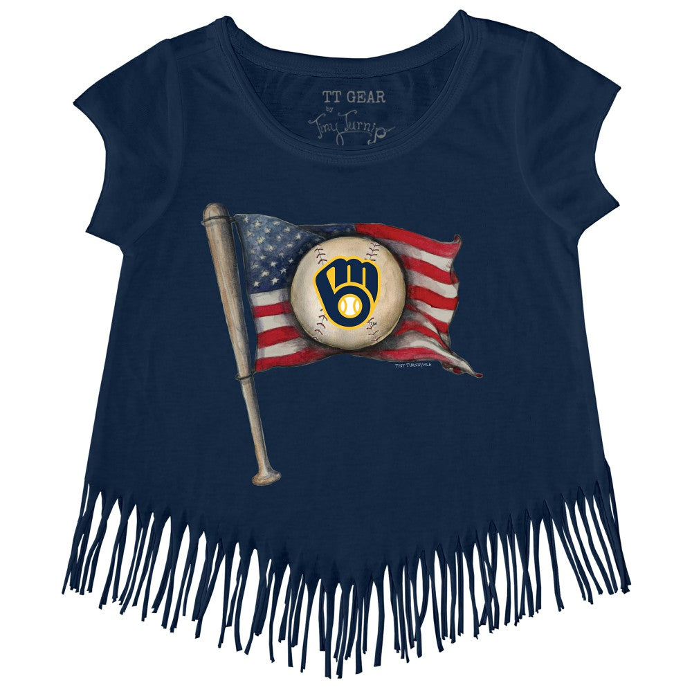 Milwaukee Brewers Tiny Turnip Girls Youth Baseball Flag Fringe T-Shirt - Navy
