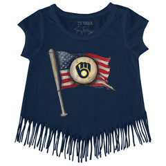 Milwaukee Brewers Tiny Turnip Girls Youth Baseball Flag Fringe T-Shirt - Navy