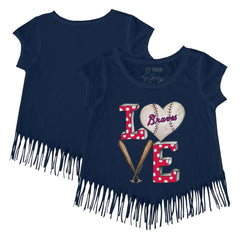 Atlanta Braves Tiny Turnip Girls Youth Baseball Love Fringe T-Shirt - Navy