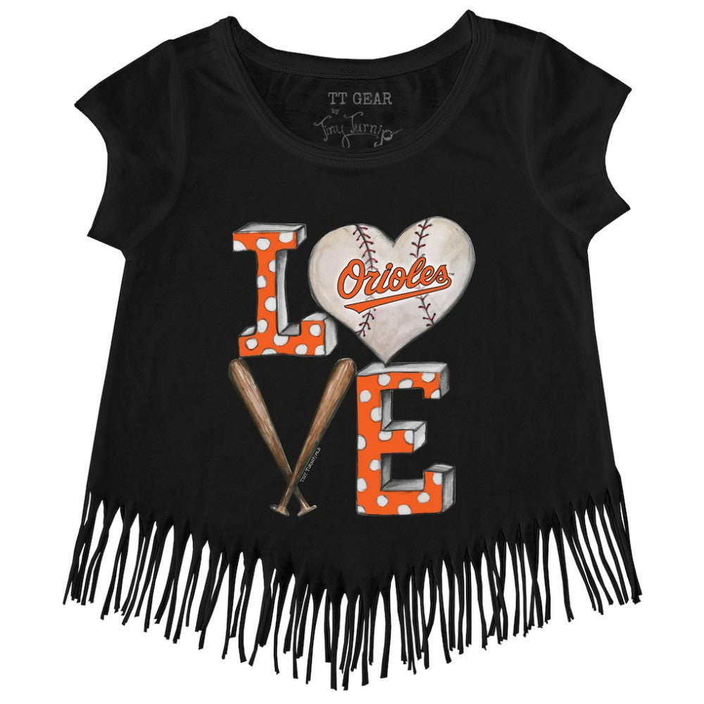 Baltimore Orioles Tiny Turnip Girls Youth Baseball Love Fringe T-Shirt - Black
