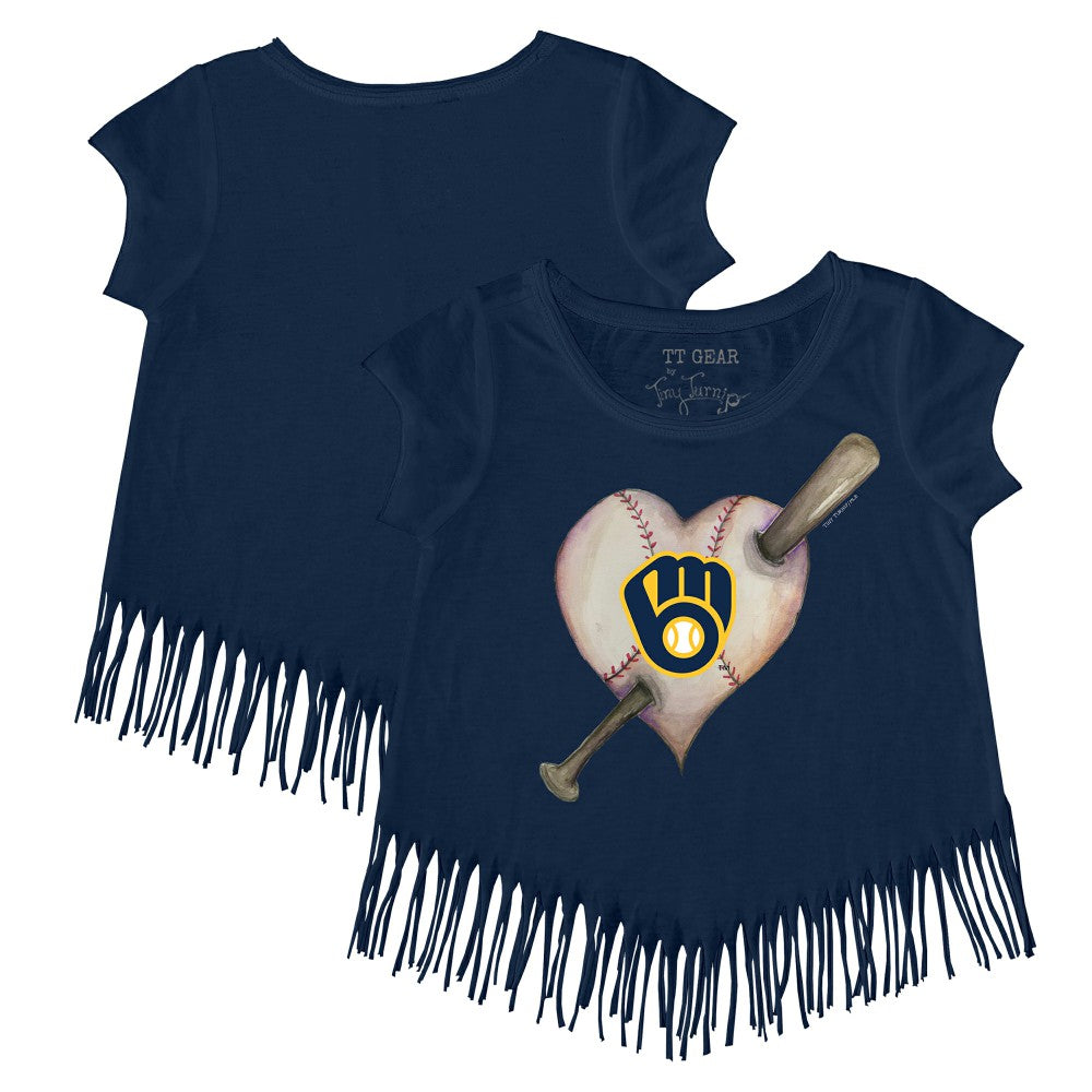 Milwaukee Brewers Tiny Turnip Girls Youth Heart Bat Fringe T-Shirt - Navy