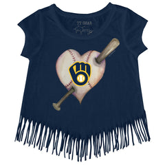 Milwaukee Brewers Tiny Turnip Girls Youth Heart Bat Fringe T-Shirt - Navy