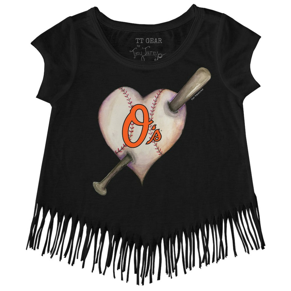Baltimore Orioles Tiny Turnip Girls Youth Heart Bat Fringe T-Shirt - Black