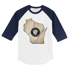 Milwaukee Brewers Tiny Turnip Youth State Outline 3/4-Sleeve Raglan T-Shirt - White/Navy