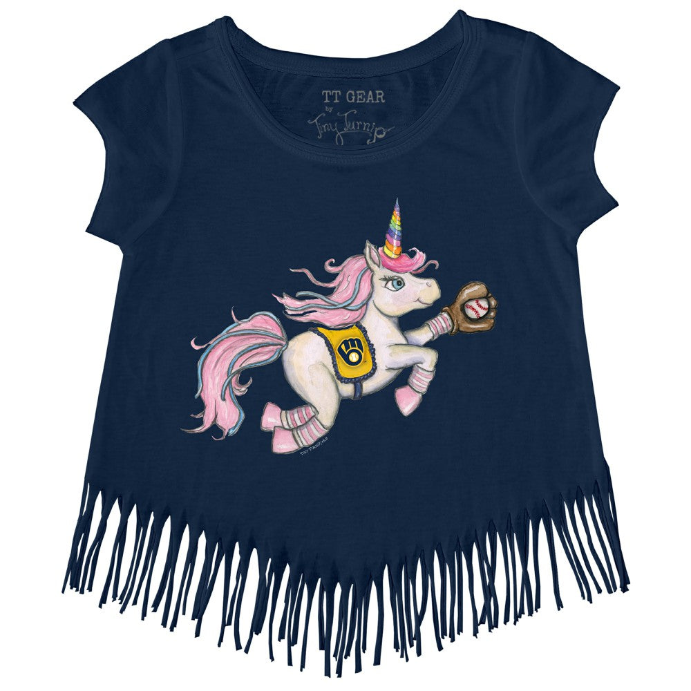 Milwaukee Brewers Tiny Turnip Girls Youth Unicorn Fringe T-Shirt - Navy