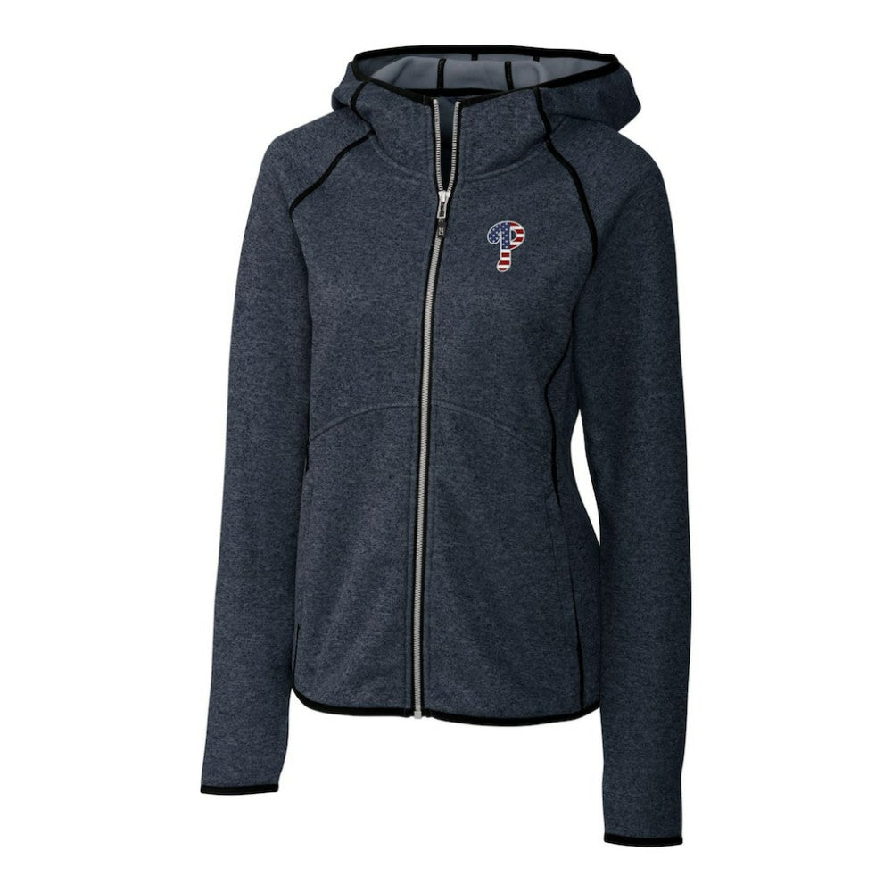 Philadelphia Phillies Cutter & Buck Women's Americana Logo Mainsail Sweater-Knit Full-Zip Hoodie - Heather Navy
