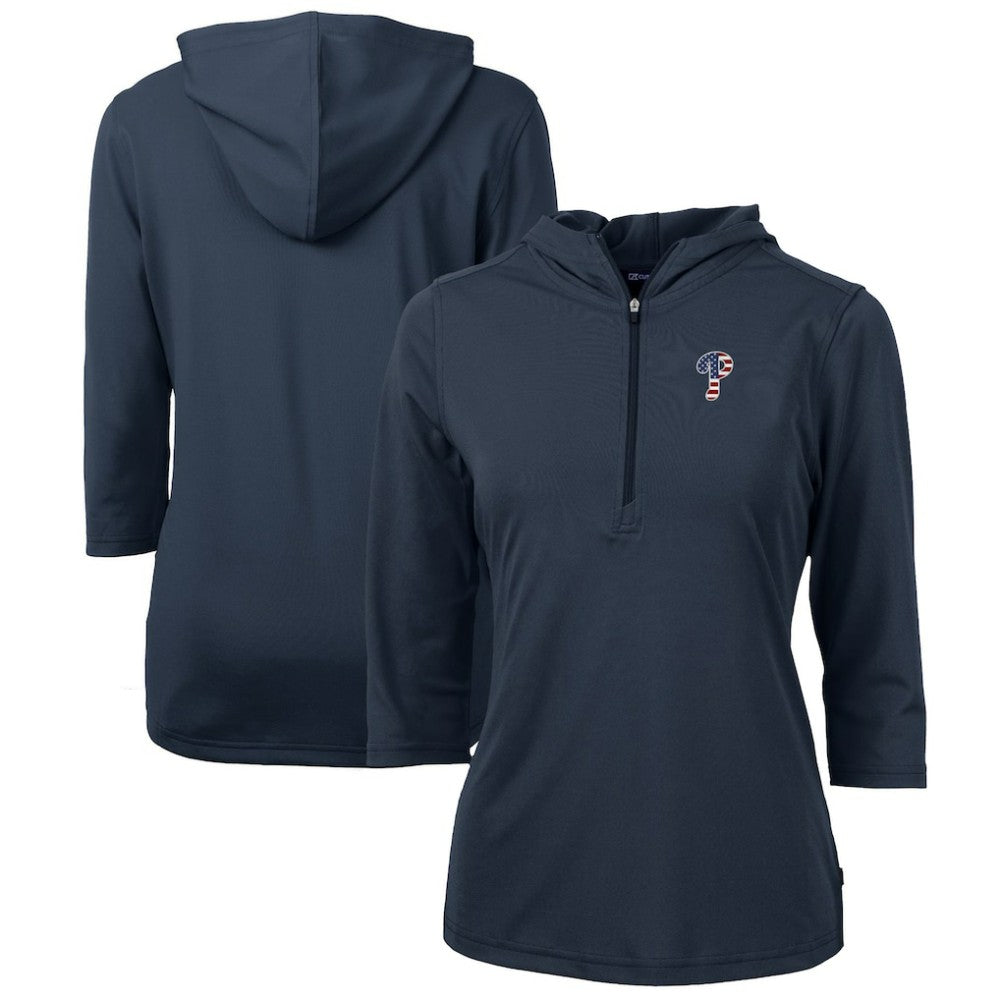 Philadelphia Phillies Cutter & Buck Women's Americana Logo DryTec Virtue Eco Pique Recycled Half-Zip Pullover Hoodie - Navy