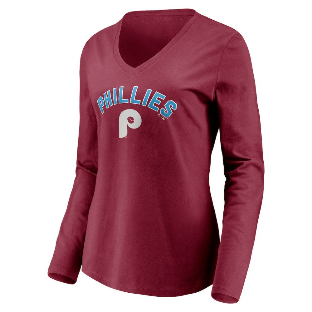 Philadelphia Phillies Women's Personalized Cooperstown Collection Alternate Winning Streak Long Sleeve V-Neck T-Shirt - Burgundy