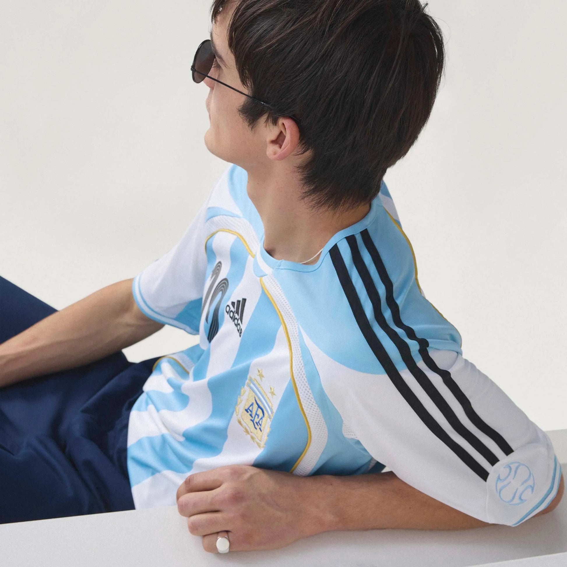 2006 Argentina Men's Retro Stadium Home Messi #19 Soccer Jersey White / Clear Blue 